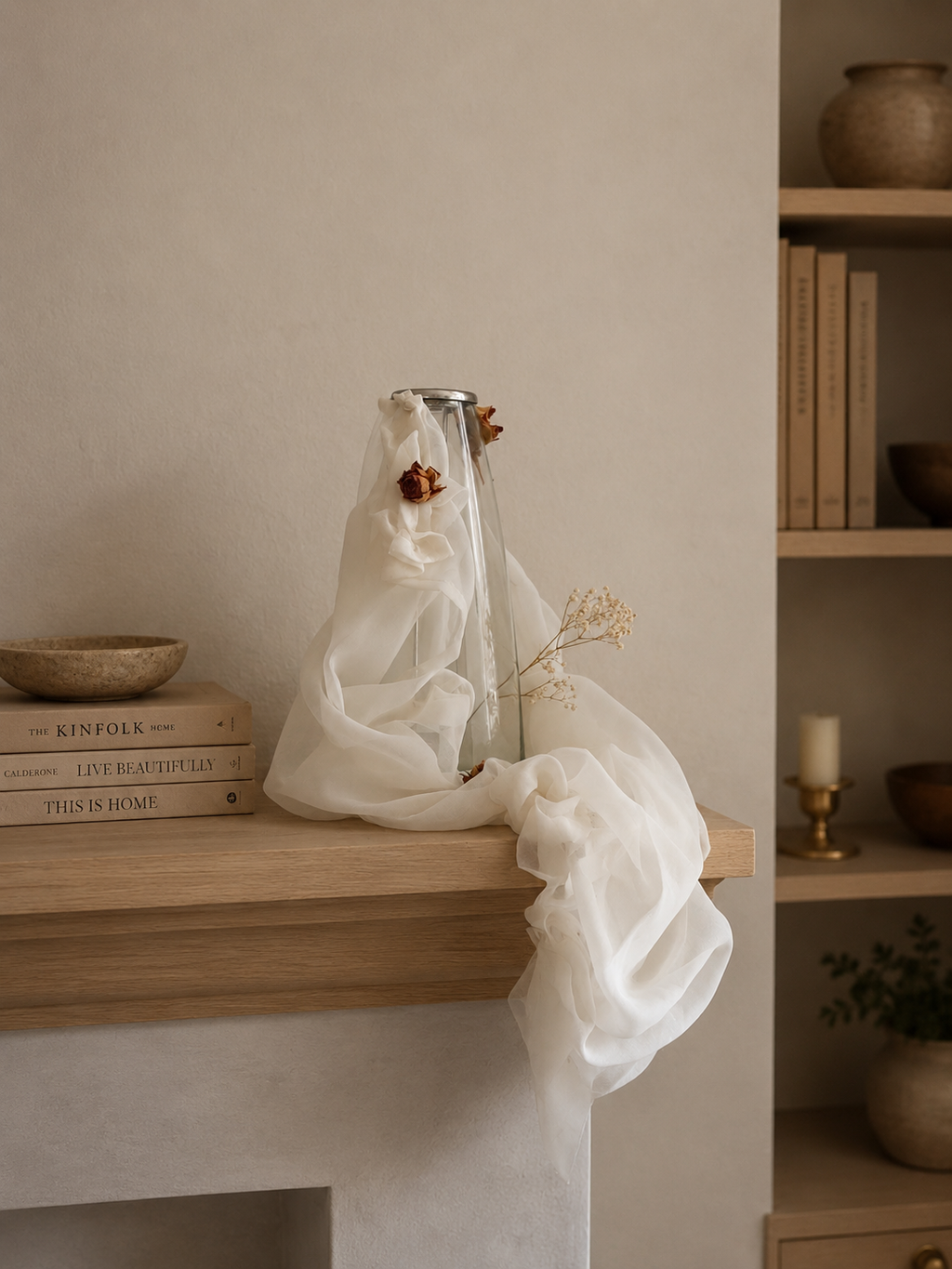 Decorative vase with white fabric draped over it on a wooden surface with books and a candle in the background.