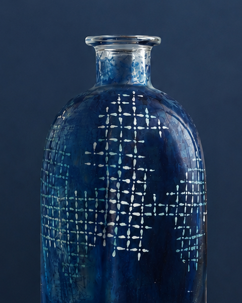 closeup Blue textured bottle with handpainted patterns, on a wooden pedestal against a dark blue background