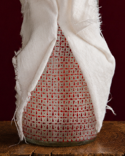 Decorative bottle wrapped in white linen, close up on the pattern on the glass, on a wooden surface with a dark red background