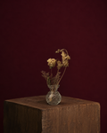 crystal vase with dried flowers on a wooden surface against a dark red background