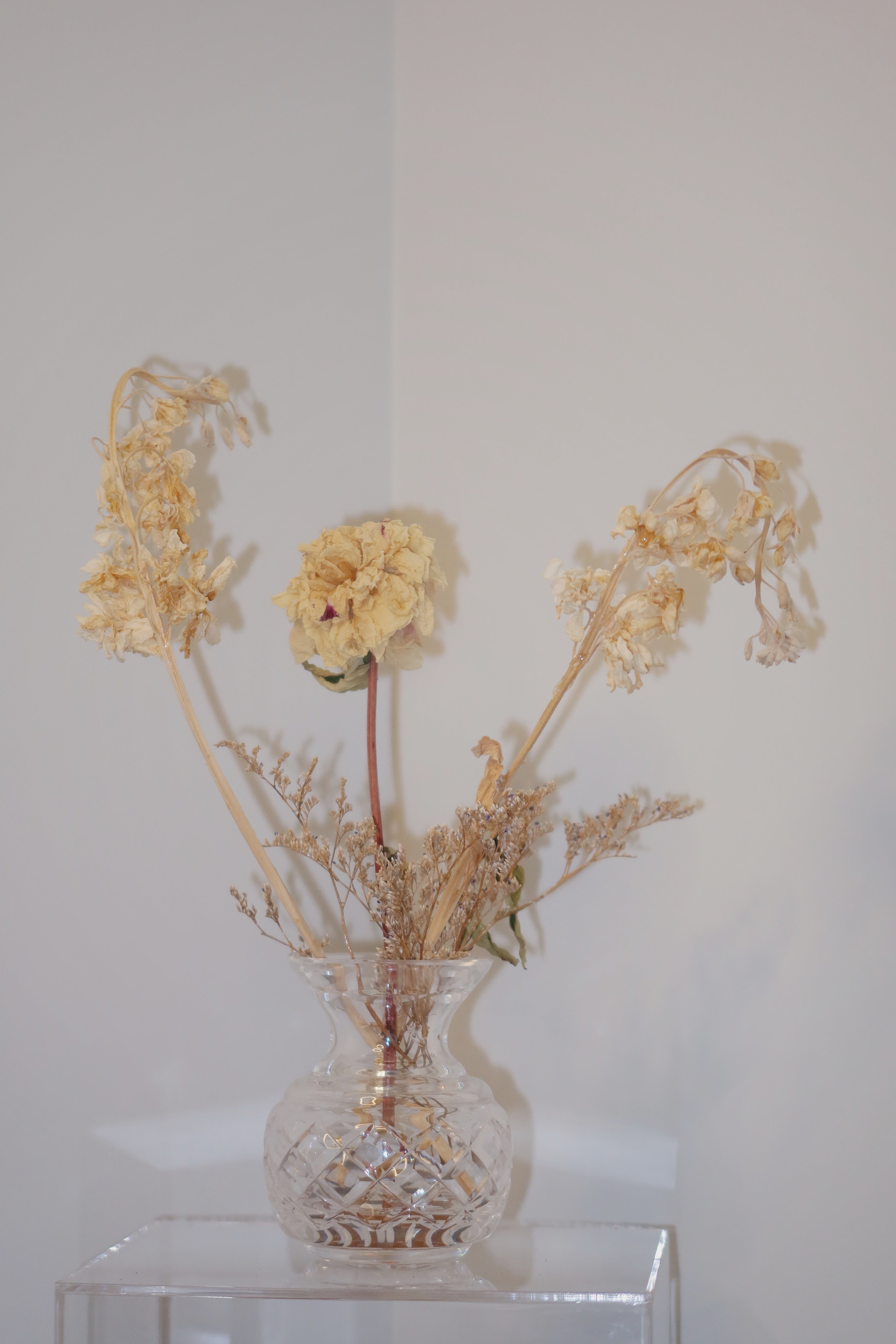crystal vase with dried peony and other flowers on a clear surface against a white background.