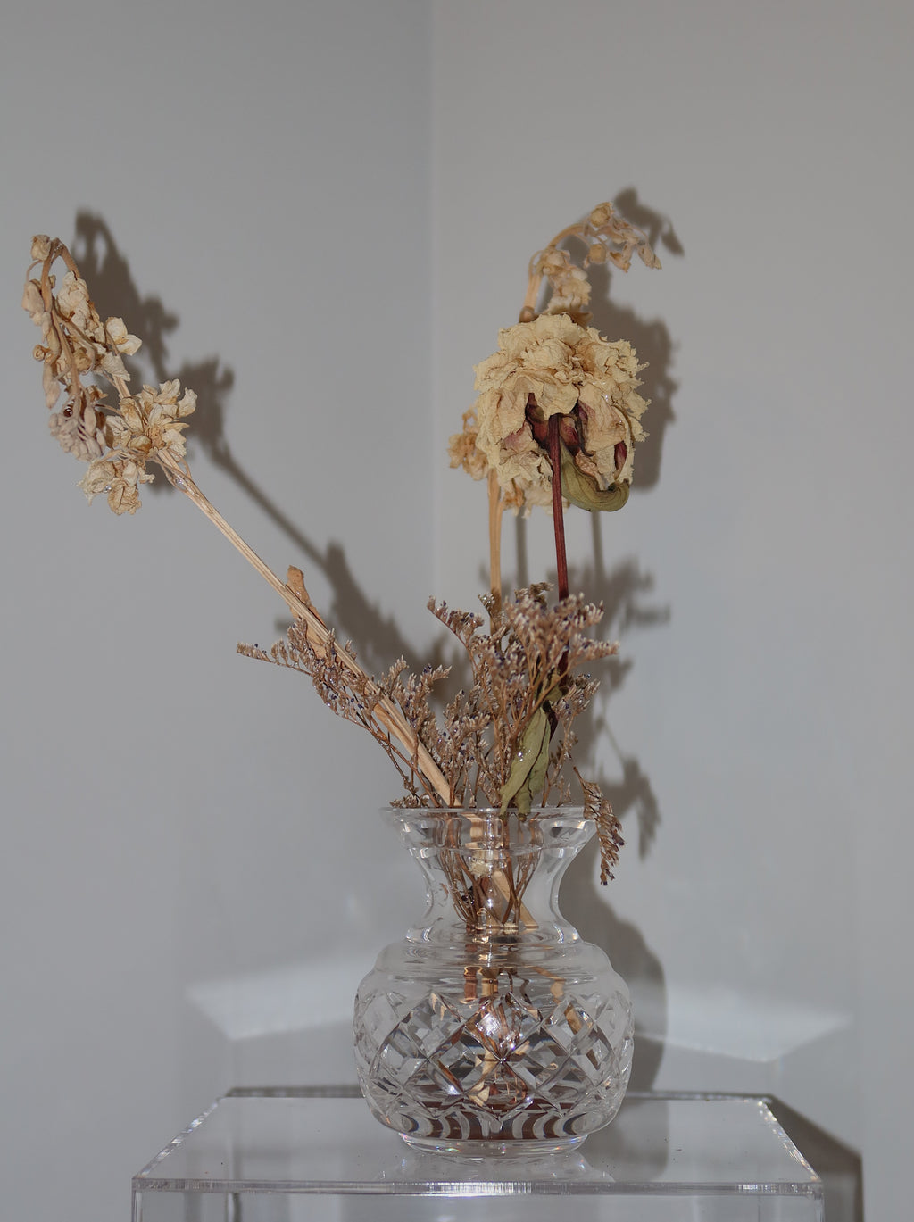 crystal vase with dried peony and other flowers on a clear surface against a white background.