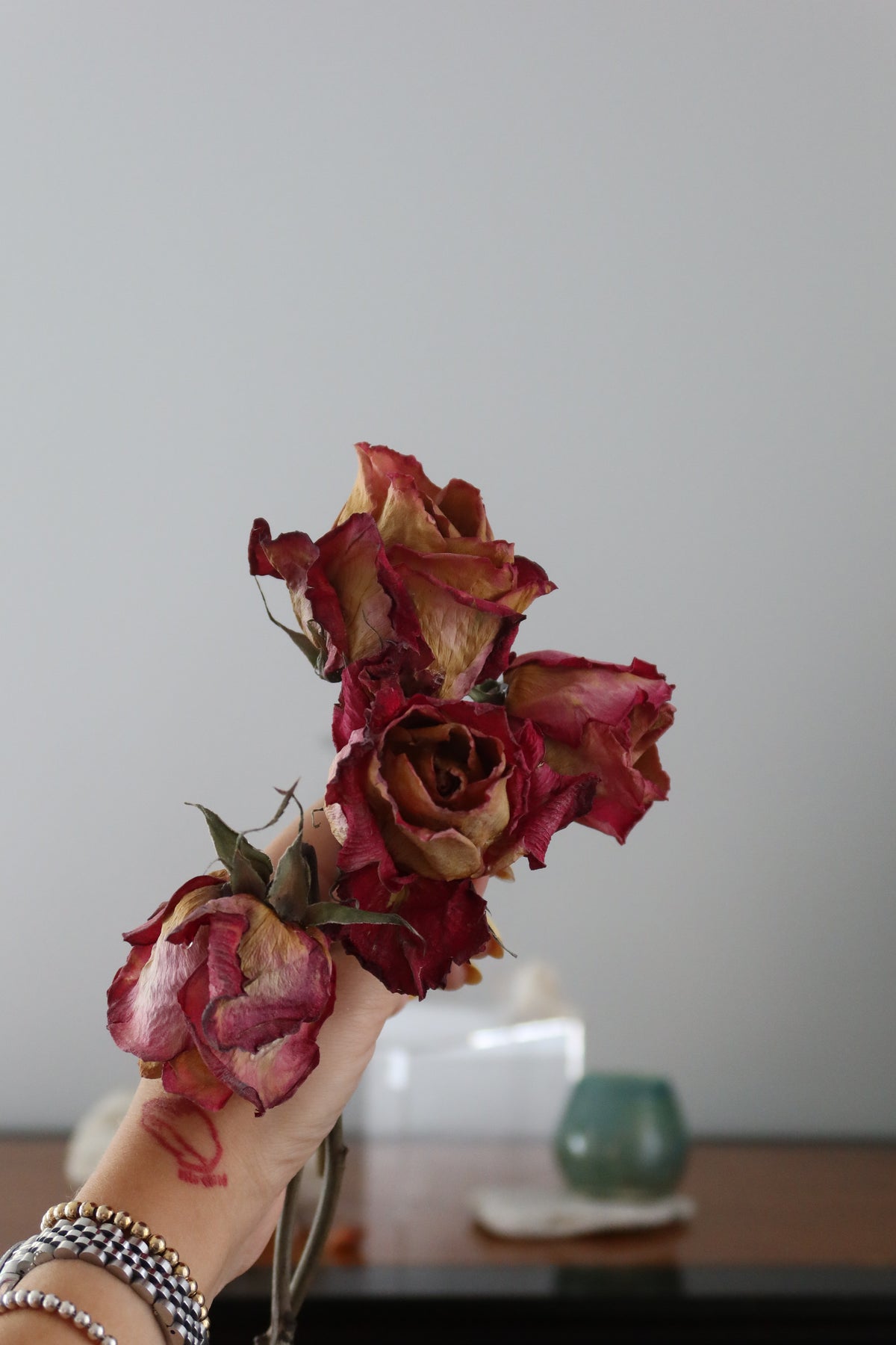 Dried pink-yellow roses